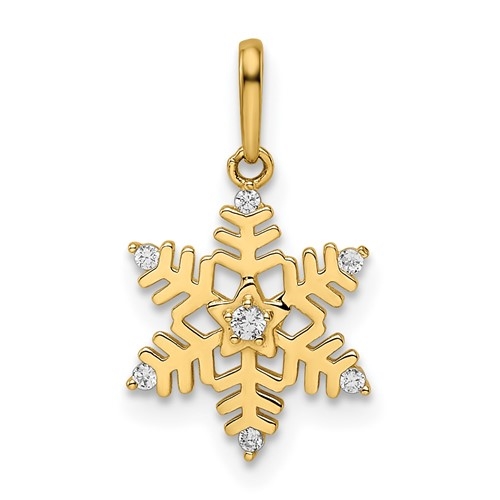 Beautiful Snow flake pendant with Round Brilliant Diamond Essence stones in prong setting. 0.50 Cts.t.w. in 14K Solid Yellow Gold.