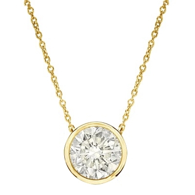 Diamond Essence 14K Sold Yellow Gold Solitaire 18 Inch Long Necklace With Round Brilliant Stone in Bezel Setting, 1 Ct.T.W.