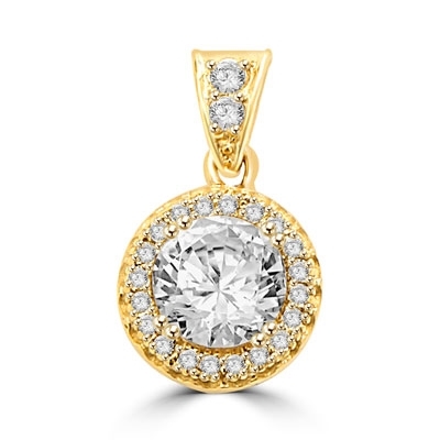 Pendant with Round Brilliant Diamond Essence in Center, surrounded by Melee 1.25 Cts T.W. set in 14K Solid Yellow Gold.