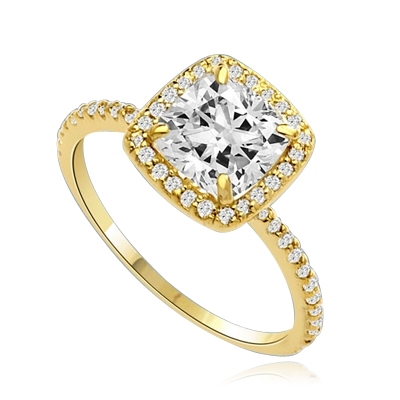 Beautiful Cushion Centerpiece, 1.5 cts, is surrounded by Round Brilliant Melee in this elegant engagement ring. The band consists of round pointer melee to form a brilliant radiance. Appx. 2.5 Ct. T.W. In 14k Solid Yellow Gold.