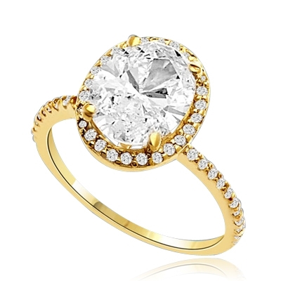 Beautiful Oval Centerpiece, 2.5 cts, is surrounded by Round Brilliant Melee in this elegant engagement ring. The band consists of round pointer melee to form a brilliant radiance. Appx. 3.5 Ct. T.W. In 14k Solid Yellow Gold.