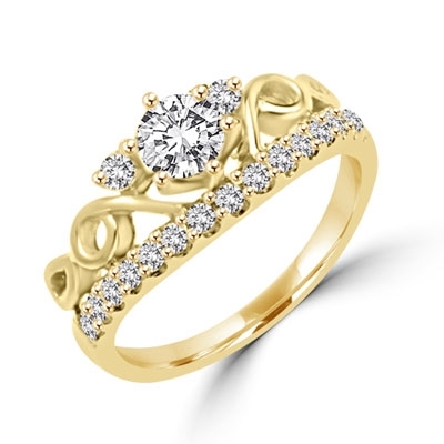 Tiara look artistic designer ring with 0.50 ct. Round Brilliant Diamond Essence in the center in six prongs setting, 2.75 cts.t.w. in 14K Solid Gold.