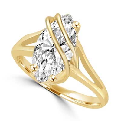Dramatic and impressive for the times you want to be, 3 carat Marquise cut Diamond Essence stone set in overlaping 14K Solid Yellow Gold setting.