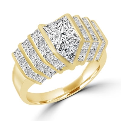 14K Solid Gold ring with 2.0 cts. center Octrillion stone flanked by round stones all the way down. 8.0 cts.t.w.