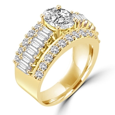 Virgo - Cool Cocktail Ring with large masterpieces enhanced by smaller accent baguettes and round accents, 4.5 Cts. T.W, in 14K Solid Gold.