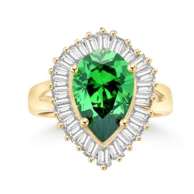 Ballerina Ring- 3.0 Carats Emerald Essence Pear surrounded by pirouetting smaller jewels. Will have them on their toes-and you calling the tune, 3.8 cts t.w. in 14K Solid Yellow Gold.