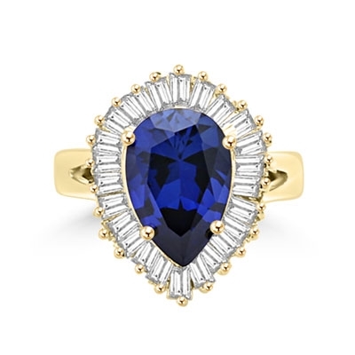 Ballerina Ring- 3.0 Carats Sapphire Essence Pear surrounded by pirouetting smaller jewels. Will have them on their toes-and you calling the tune, 3.8 cts t.w. in 14K Solid Yellow Gold.