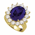 14K Solid Gold Princess ring with 5.0 cts. oval Sapphire Essence center and 14 round brilliant Diamond Essence stones 6.50 cts. T.W.