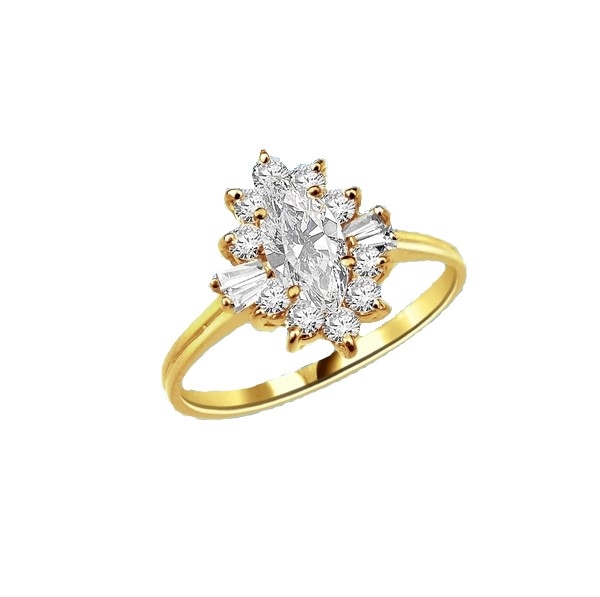 Honeysuckle Rose - 1 Ct. Marquise Cut Center stone with Baguettes and Round Accent Masterpieces. 1.3 Cts. T.W. in 14K Solid Gold.