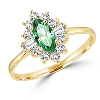 Honeysuckle Rose - 1 Ct. Marquise Cut Emerald Essence Center stone with Baguettes and Round Accent Masterpieces. 1.3 Cts. T.W. set in 14K Solid Yellow Gold.