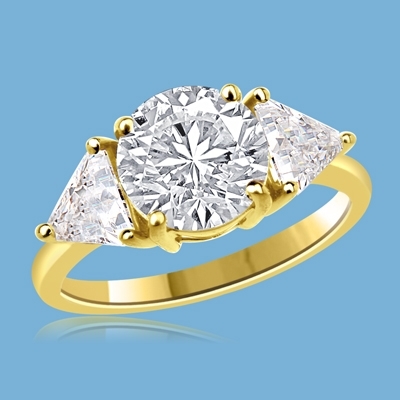 Risque - Diamond Essence Ring with 2 Carat Round Cut Diamond Essence Center and 0.5 Ct. Each trilliant cut side accents, 3.0 Cts.T.W. in 14K Solid Gold.