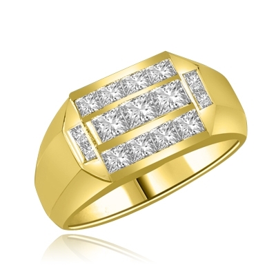Man's Ring 1.0 Diamond Essence Radiant Sqaure Center Stones and 0.70 Carat Princess Stones in around them SET IN 14K Solid Gold.