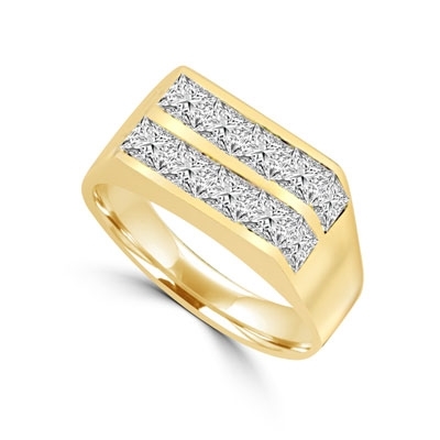A winning look-14K Solid Yellow Gold man's channel set ring, 1.25cts. t.w. with Princess cut Diamond Joy stones.