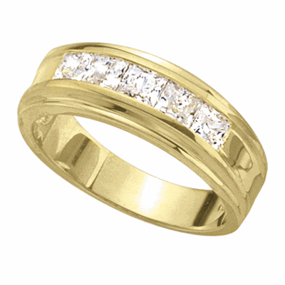 Five square cut stones set in a row in 14K Solid Yellow Gold man's ring. 1.0 ct.t.w.