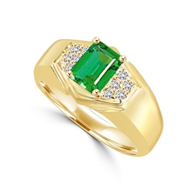 Man's ring with a 1.5 cts. Emerald Essence Stone center and Brilliant Melee