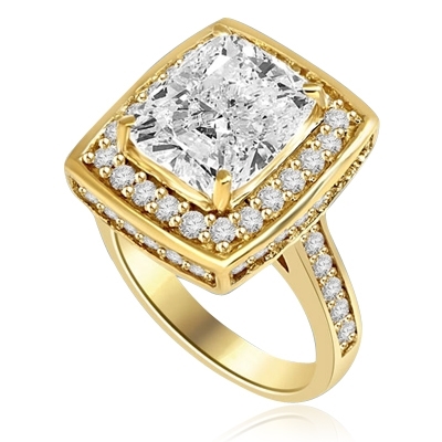 Cocktail Ring - Cushion cut Diamond Essence in Center With Melee around center Stone and on band. 6.5 Cts T.W. set in 14K Solid Yellow Gold.