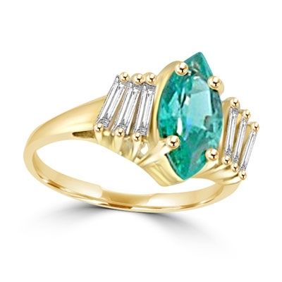 Erin - 1.5 Cts. Marquise-Cut Emerald Essence is shining bright in the center, accompanied by 3 Baguettes on each side. In 14k Solid Yellow Gold.