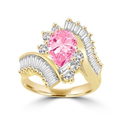 Ring – pink pear cut stone,melees,curved shank,baguettes
