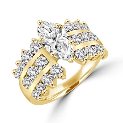 FLASH DANCE- Ever classic 14K Solid Gold ring, 3.40 cts.t.w. in all, with 2.0 cts. t.w. marquise cut Diamond Essence center stone and three rows of channel set round Diamond Essence piece on each side. A virtuoso event.