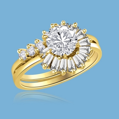 Pelleas and Melisande - Magnificent Wedding Set, 2.2 Cts. T.W, with 1 Ct. Center Stone with Baguette and Round Accent Masterpieces encircling in the love of life! In 14K Solid Gold.