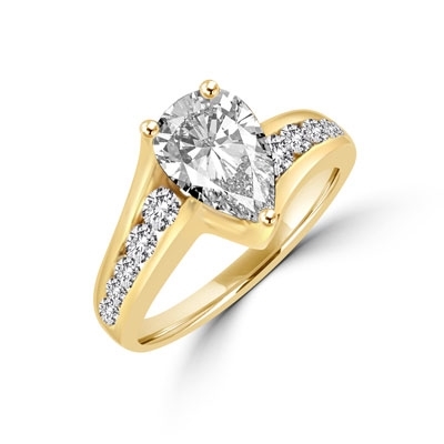 La Jolla. 2.0 Cts. t.w. in all, with 1.5 carat Pear cut Diamond Essence center stone, and 0.50 ct. Diamond Essence melee lighting up each side. set in 14K Solid Yellow Gold.