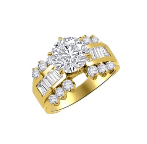 14K Solid Gold ring, 3.5 Carats T.W., with 2.0 carats Round Cut center stone and Baguettes and small Round stones around on the sides. Will entrance your precious love.