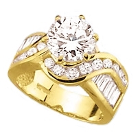 Diamond Essence Designer Ring With 2 Cts. Round Brilliant Set In Six Prongs And Brilliant Channel Set Baguettes And Melee On The Band In 14K Yellow Gold, 4 Cts. T.W.