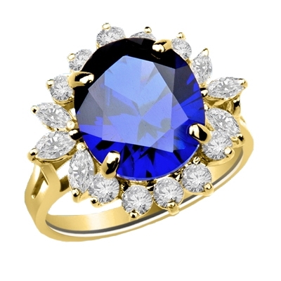 Amazingly beautiful Ring with White Brilliant Marquise and Round accents surrounding a 5 Ct. Blue Star Sapphire Cabochan Center, which in light will revel a Star! 14K Solid Gold.