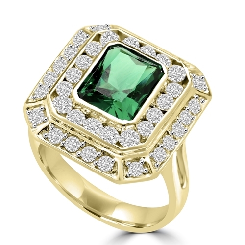 Diamond Essence Cocktail Ring With 2.50 Cts. Emerald Essence Radiant Emerald In Center Round Melee Around It, 4.50 Cts.T.W. In 14K Solid Yellow Gold.