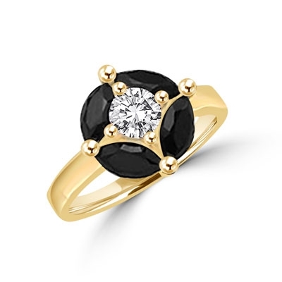 Ring - round-cut diamond is surrounded by marquise-cut black onyx