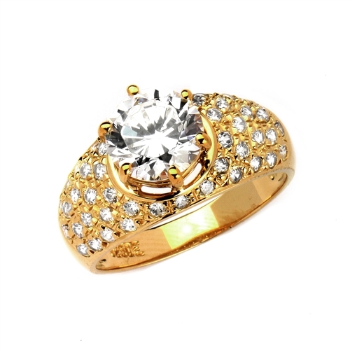 Heirloom - Brilliant Ring with 3 Cts. Round Diamond Essence Store atoning a fanfare band of Pave Set Melee Stones on each side. 3.25 Cts. T.W, in 14K Solid Gold.