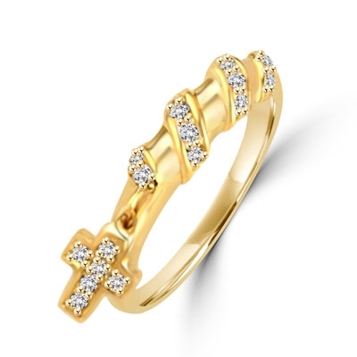 Appealing and Unusual Band with a dangling Cross and softly glowing Diamond Essence pieces, 0.25 Cts.t.w. in 14K Solid Gold.