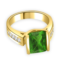 Sarabande - Impressive Ring with 4 Ct. Emerald Cut Emerald Essence Center and featuring Channel Set accents on the band. 5 Cts. T.W. in 14K Solid Yellow Gold.