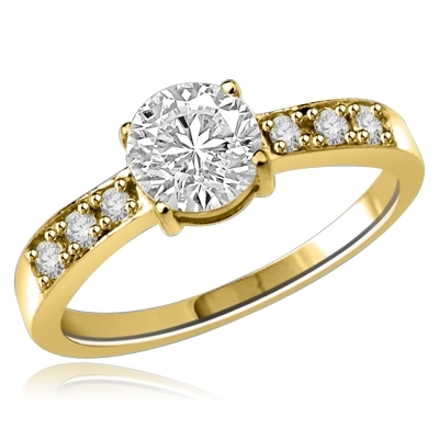 A thoroughbred design that stands the test of time. 0.75 Ct. Round Brilliant Diamond Essence Stone in center and Melee accents galloping handsomely down the band. 1.0 Ct.T.W. set in 14k Solid Yellow Gold.