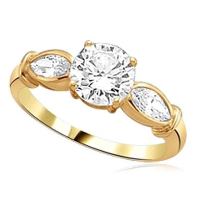 round diamond flanked by twin marquise cut stones solid gold ring