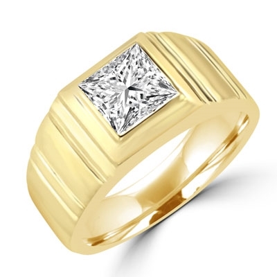 14K Solid Yellow Gold man's ring with 1.5 cts. t.w. radiant square center stone with florentine finish on band.