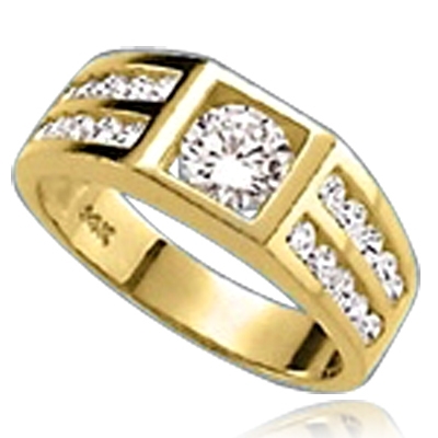 14K Solid Yellow Gold man's ring with .75 ct round Diamond Essence center stone with four rows of channel set round Diamond Essence accents, 2.0 cts.t.w.