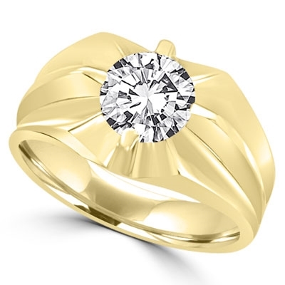 14K Gold man's ring with a 2.0 cts.t.w. round cut Diamond Essence masterpiece. Enhances his appealing nonchalant attitude.