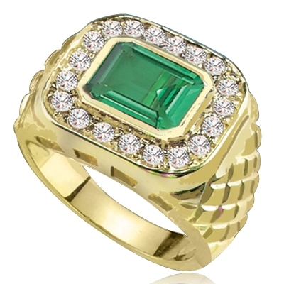 Imposing 14K Solid Yellow Gold man's ring with a 4.0 ct. bezel-set Emerald cut Emerald center stone attended by a melee of Round cut mini masterpieces. 4.5 cts. t.w. For prime movers.