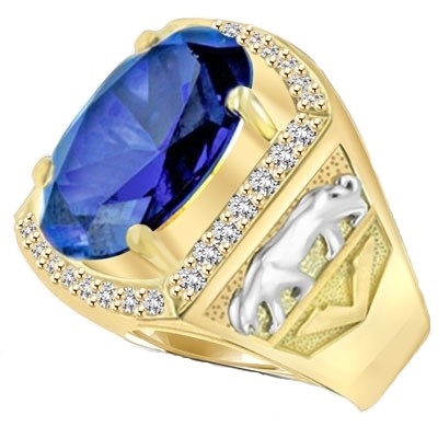 For the king of the jungle, this authoritative men’s ring has a deep-blue oval Diamond Essence topaz, 5.45 cts., in the center, flanked by Diamond Essence melee in 14K Solid Yellow Gold, with tigers imprinted in White Gold on either side. 8.45 cts. t.w.