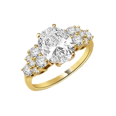 Designer Ring featuring a carefree display of 3.0 Cts. Oval Cut Diamond Essence Center with the irresistible touch off six Round Brilliant Cut Masterpieces flashing temptingly on each side. 4.50 Cts. T.W. in 14K Solid Yellow Gold.