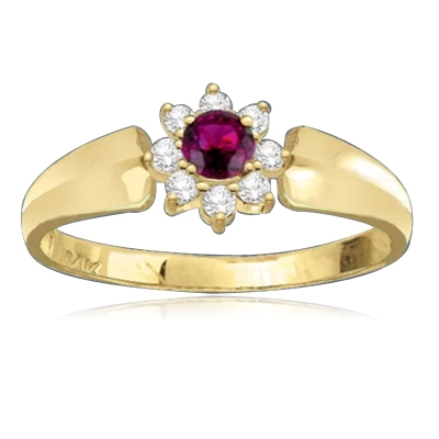 Little ruby flower ring has a round 0.13 Diamond Essence ruby in the center, circled by 8 flawless white Diamond Essence stones. 0.33 ct.t.w.
