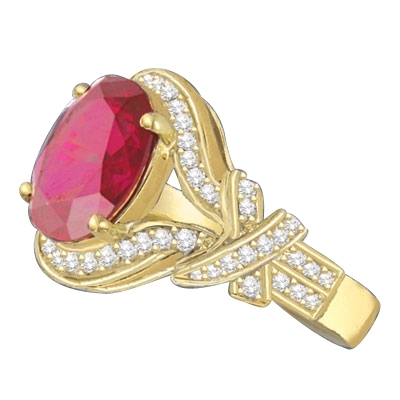 All eyes oval-cut 4.0 cts. Diamond Essence ruby at the center of this 14k Solid Yellow Gold ladies ring, encircled by Diamond Essence melee that culminates in a fancy knotted shank. Spicy! 4.10 cts. t.w.