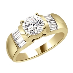 Classic ring with 1 carat Diamond Essence round brilliant with baguettes on each side. 2.0 cts.t.w. in 14K Solid  Gold.