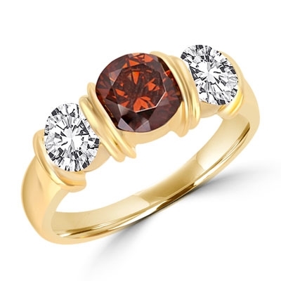 Diamond Essence designer ring with 1.0 ct. Chocolate Essence center and 0.5 ct. Round Brilliant stones on each side, 2.0 cts. T.W. set in 14K Solid Yellow Gold.