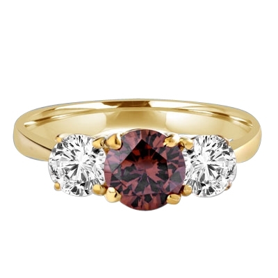 Diamond Essence Three stone Ring with 1.0 ct. round Chocolate Essence center and 0.5 ct. Round Brilliant stones on each side, 2.0 Cts. T.W. set in 14K Solid Yellow Gold.