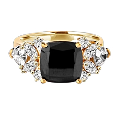 Diamond Essence Designer ring with 4.0 ct. Onyx center with round, marquies and heart shaped stones on each side, 6.5 cts. T.W. set in 14K Solid Yellow Gold.