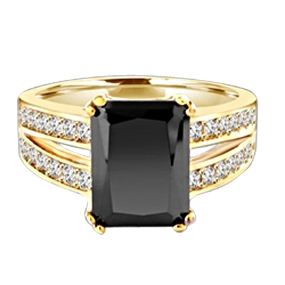 Diamond Essence Designer ring with 5.0 ct. Onyx stone in center with two rows of round stone on each side of the band, 5.50 Cts. T.W. set in 14K Solid Yellow Gold.