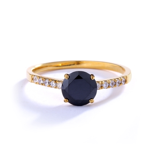 Diamond Essence Designer ring with 1.0 Ct. Onyx stone in center with round stone on the band. 1.10 Cts. T.W. set in 14K Solid Yellow Gold.