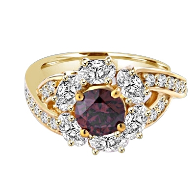Diamond Essence Designer Ring with 1.0 ct. round Chocolate stone in center, surrounded by Oval stone and small round stones on each side of band. 3 cts. T.W. set in 14K Solid Yellow Gold.